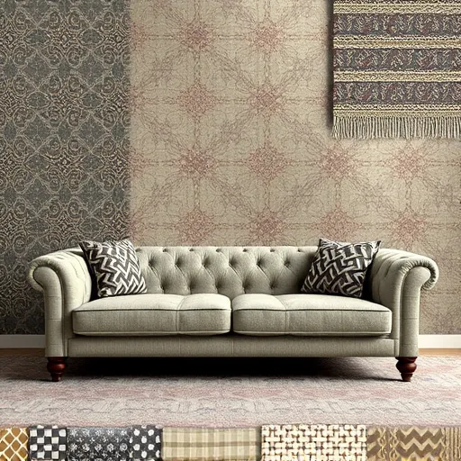 Generate an artistic image inspired by 'Sofa Upholstery in `Ayn ad Dar'. The image should depict various upholstery fabrics, showcasing patterns and textures suitable for sofas. This image should be visually appealing and can serve as an alt description for upholstery services. Sofa Upholstery in `Ayn ad Dar Sofa Repair Bahrain